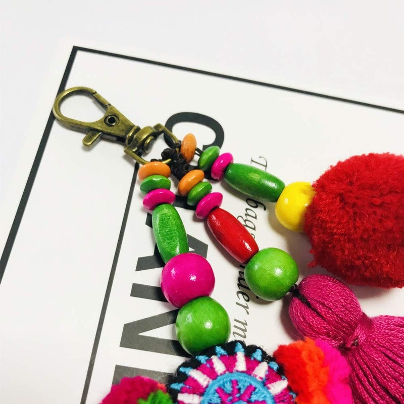 QTMY Cute Pom Pom Tassel Boho Bag Charm Pendant Keyring Keychain for Women Purse Handbag Decor (7) - Image 5